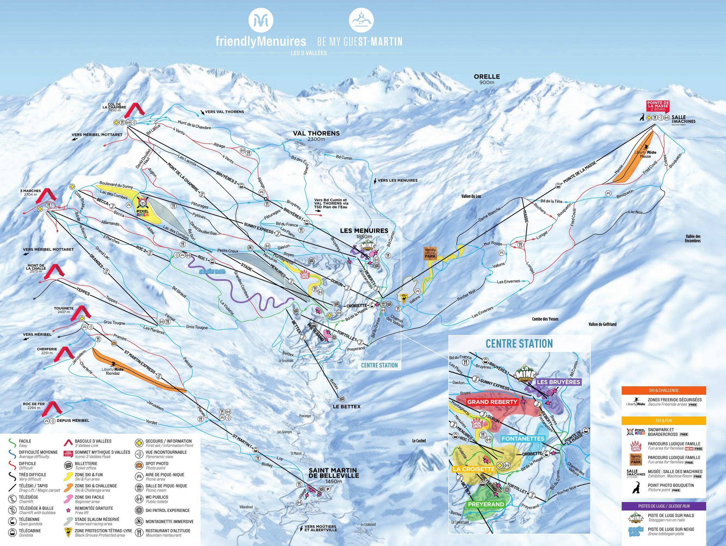 Pistkarta Les Menuires – St Martin, Val Thorens/3 Vallées