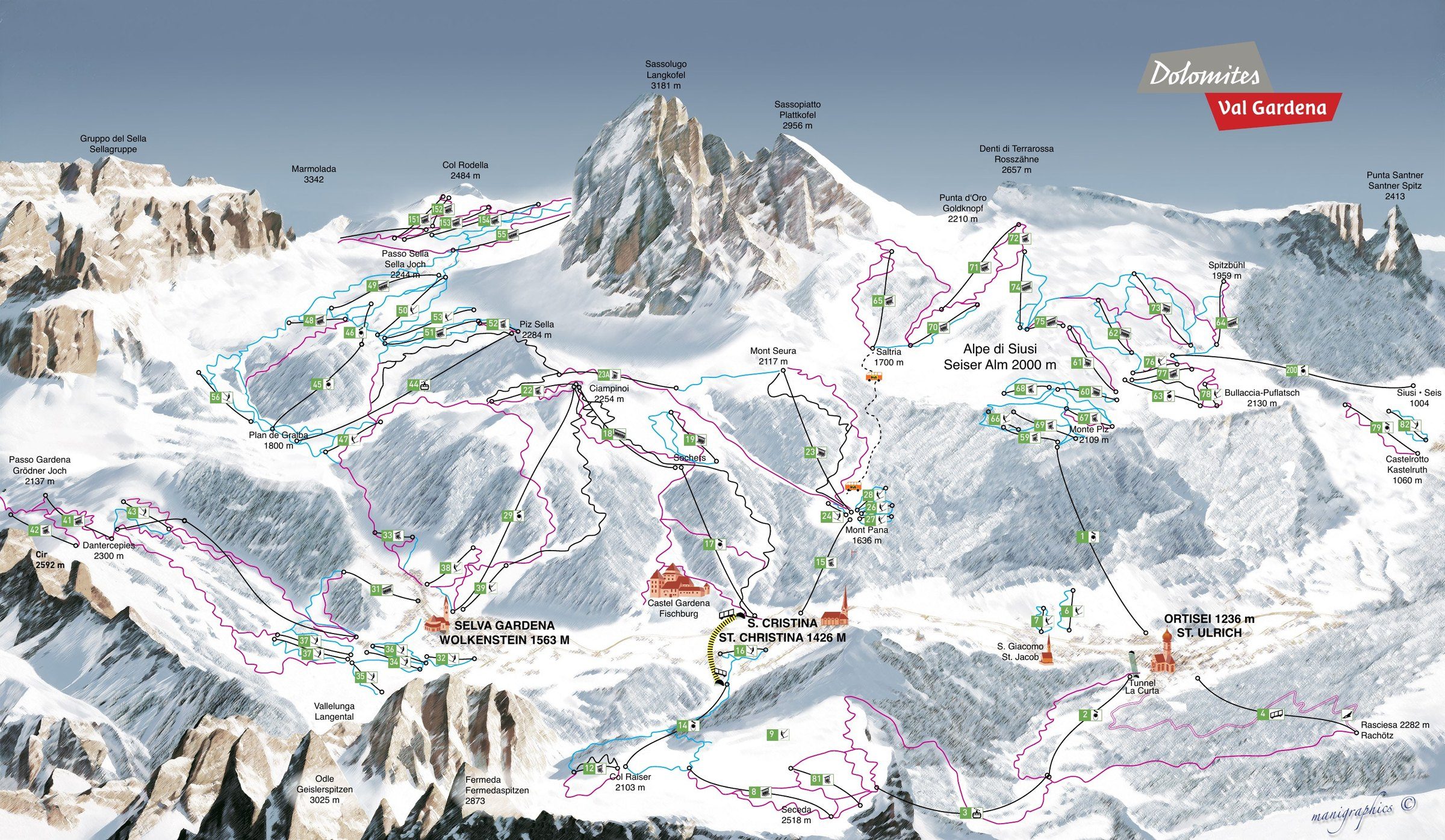 Pistkarta Val Gardena – Seiser Alm, Dolomiti Superski