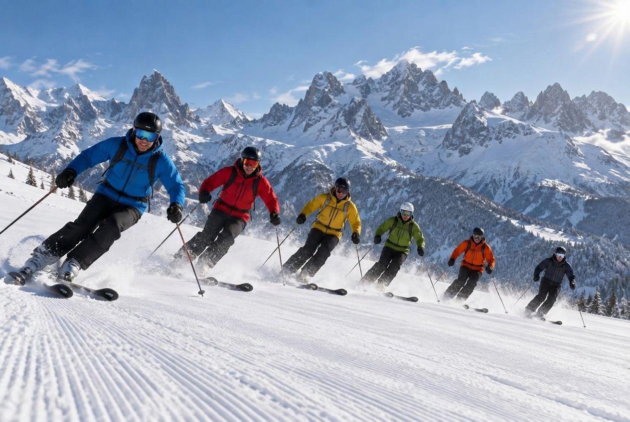 Sex skidåkare nerför en alpin bergsida